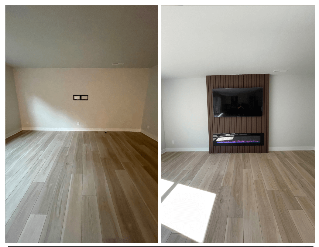 Kaminwand in Braun vor und nach der Montage