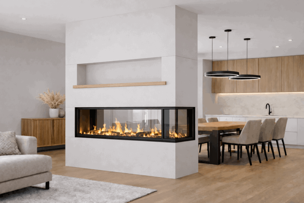 Moderner 3-seitiger Elektrokamin als Raumteiler im offenen Wohn- und Essbereich in Frankfurt