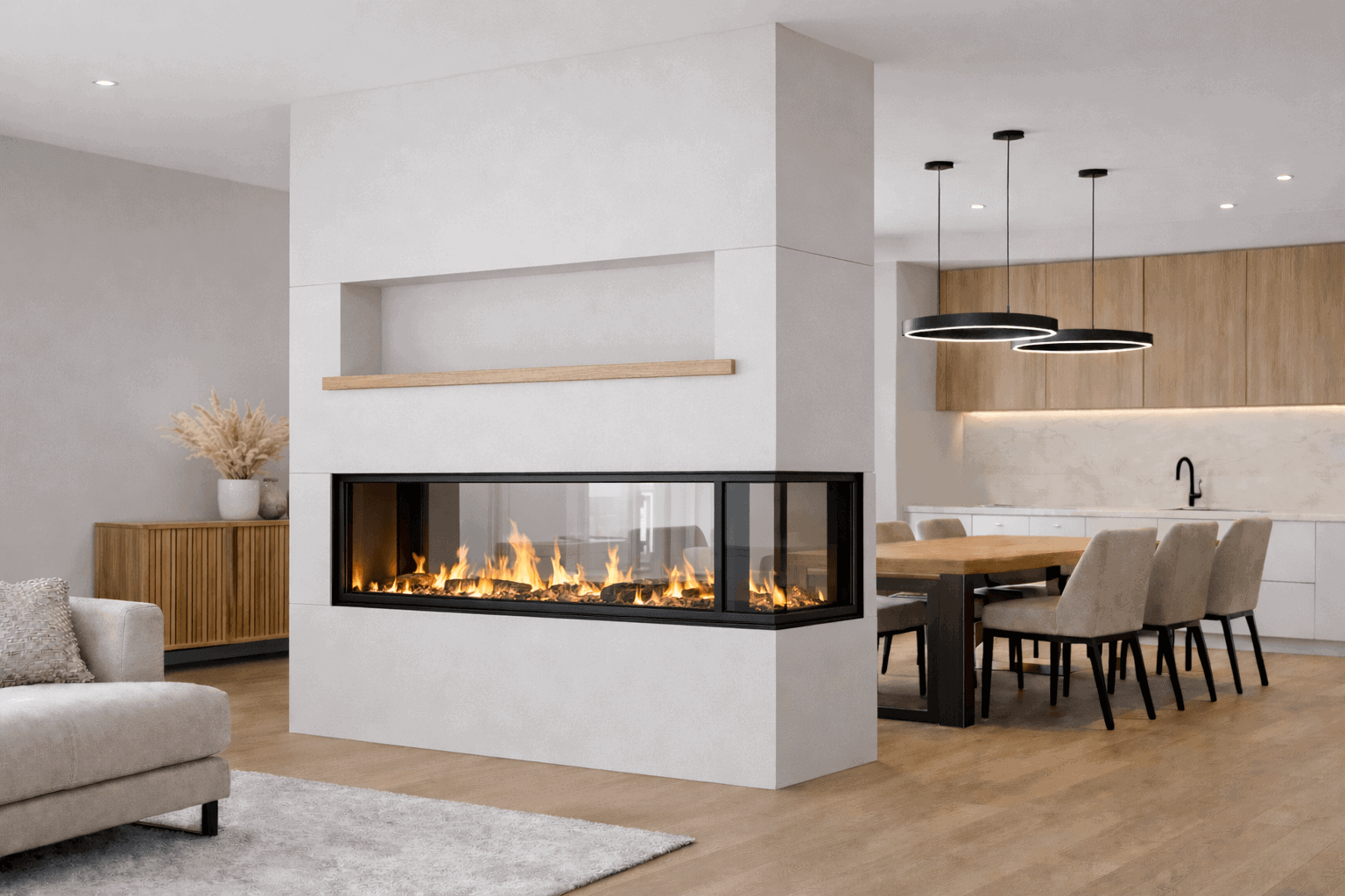 Moderner 3-seitiger Elektrokamin als Raumteiler im offenen Wohn- und Essbereich in Frankfurt